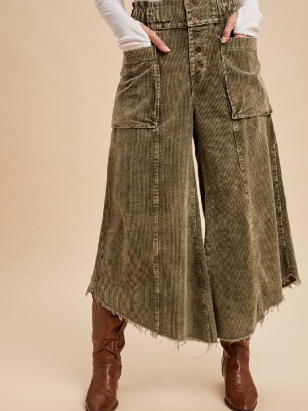 Olive Wide-Leg Corduroy Ankle Pants